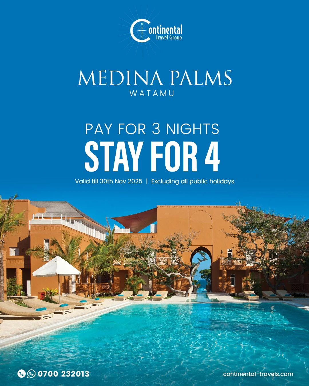 Pay for 3 Nights Stay for 4 – Medina Palms, Watamu
